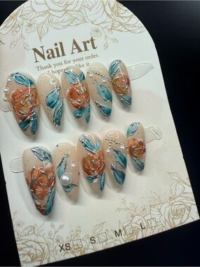 Floral Hand-Painted Press-On Nails in Teal & Nude - Small
